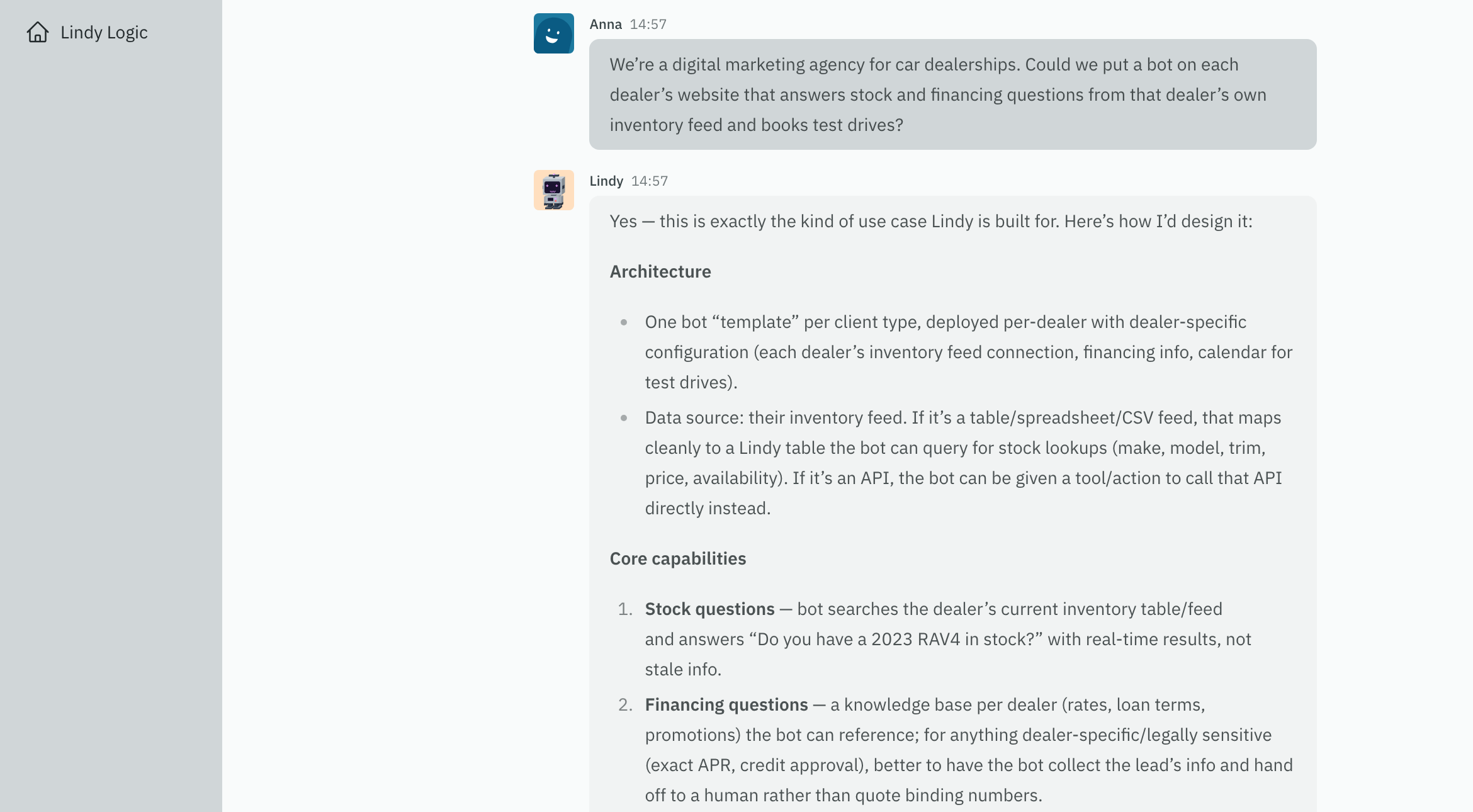 A conversation in which a digital marketing agency for car dealerships asks whether a bot on each dealer's website could answer stock and financing questions from the dealer's own inventory feed, and the Lindy bot explains one bot template per dealer, the inventory feed as a table the bot queries, and a human handoff for binding financing numbers
